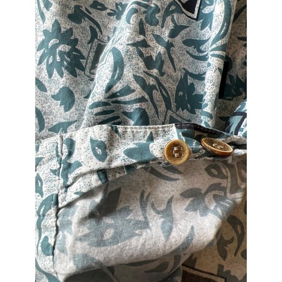 OP Sport Mens Size L Hawaiian Camp Shirt Blue Retro Print Cotton Blue Side Slits - Picture 9 of 10